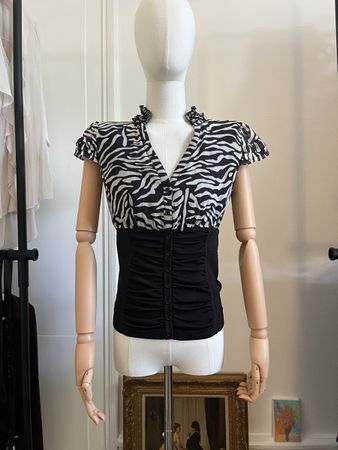 Zebra Print Blouse With Black Ruched Front Size S