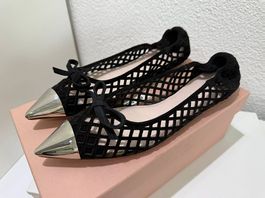 Miu Miu Velours Leder Ballerinas Schwarz Silber Gr. 40 Neu