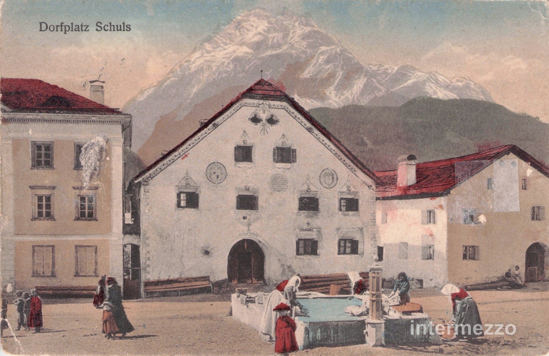 Ansichtskarten: Scuol Schuls GR // 1914 Dorfplatz – Gebraucht aus Basel von intermezzo12