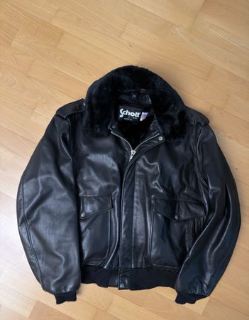 Schott NYC Leather Bomber Jacket Black detachable fur