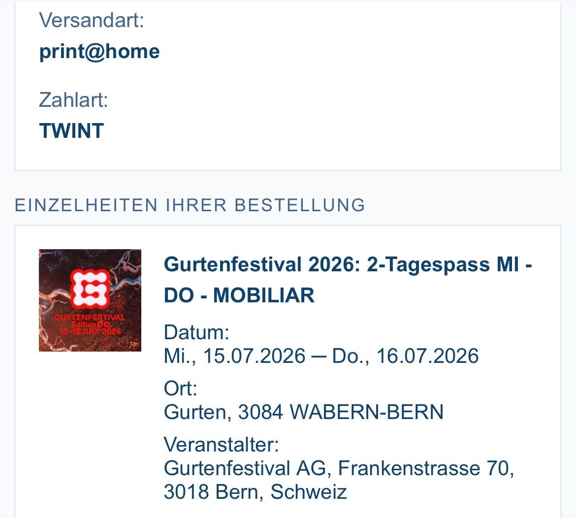 Billets: 2-Tagespass MI + DO Gurtenfestival 2026 – Neuf (Voir description) à Bern par Zytgloggeturm 1