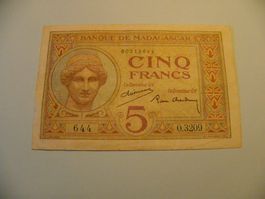 Madagascar 5 Francs Geldschein, Rarität, Vintage Banknote!