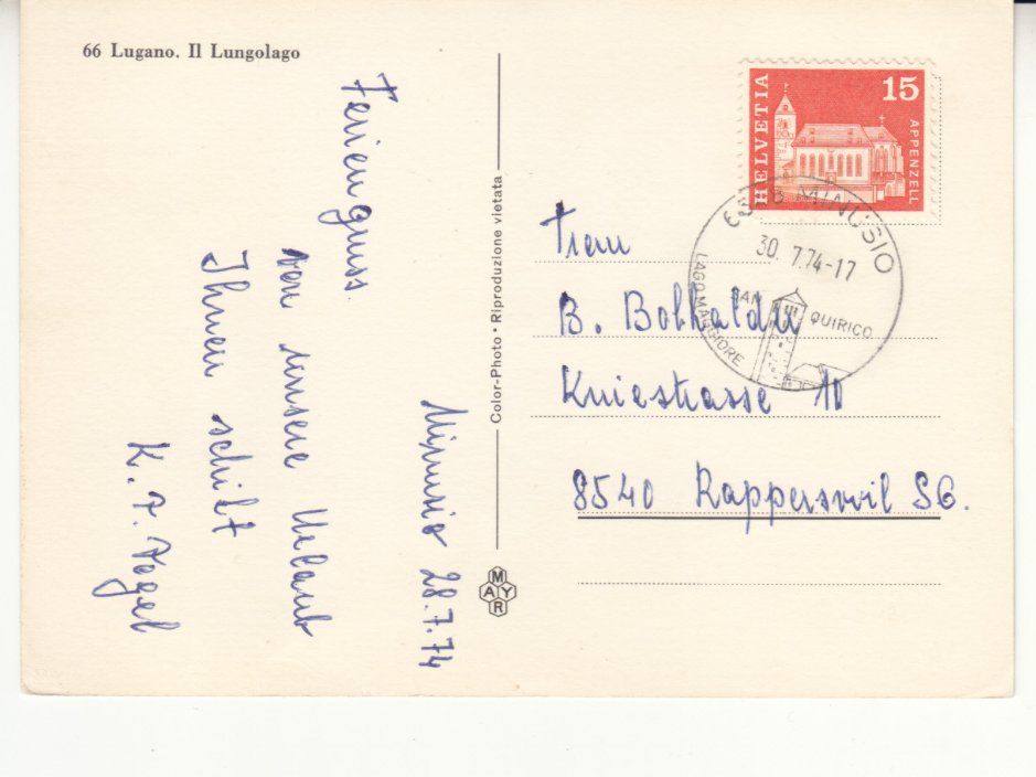 Cartoline postali: Lugano 1974 – Usato da Bürglen TG venduto da StampGraf 1