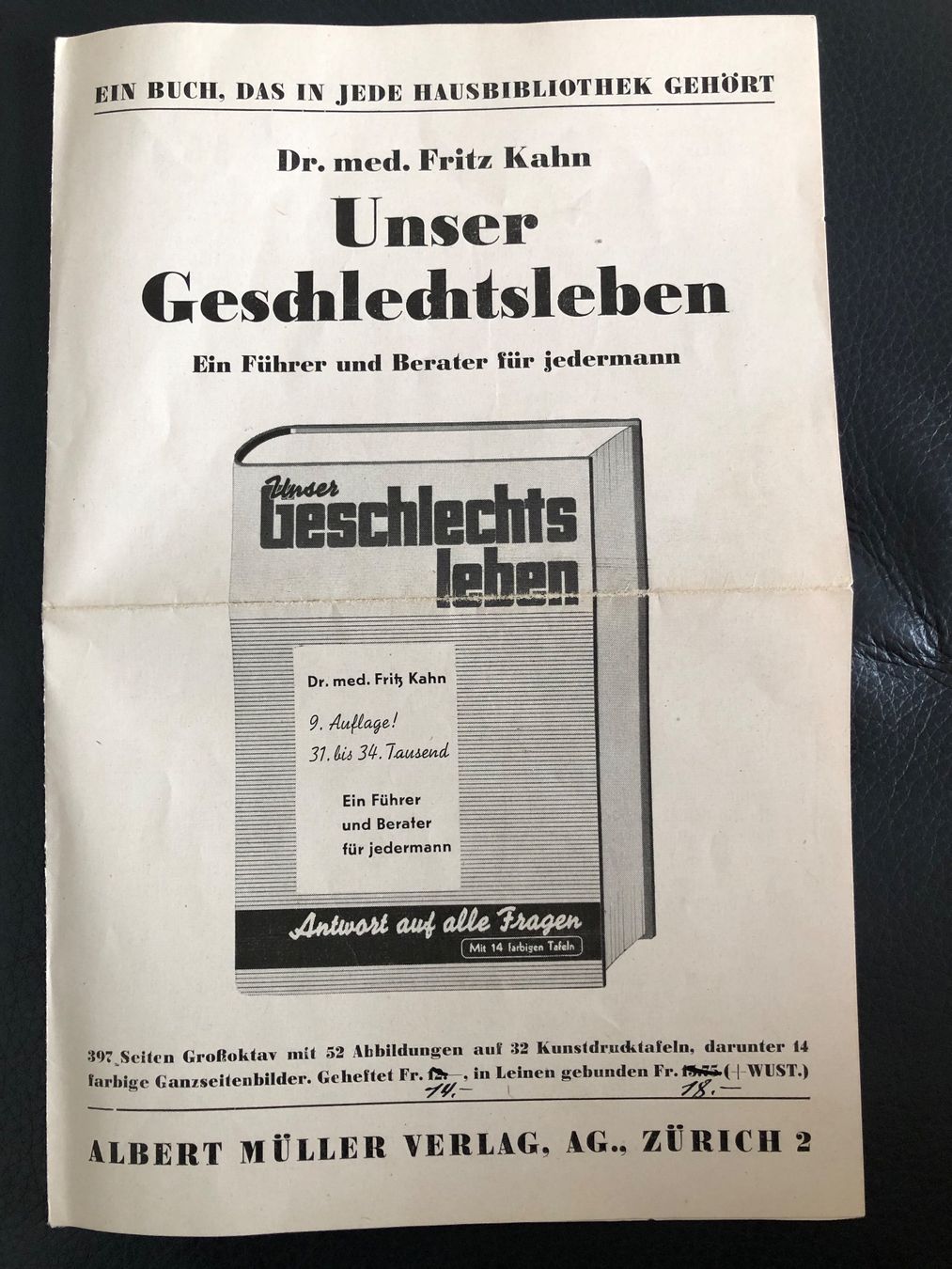 Documenti: Antiker Flyer: "Unser Geschlechtsleben" Dr. Fritz Kahn – Usato da Biel/Bienne venduto da TomBaBi