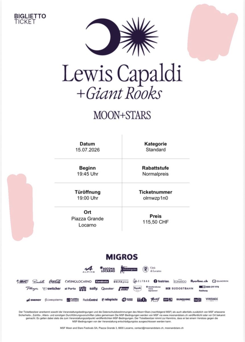 Biglietti: Lewis Capaldi Moon and Stars Locarno – Nuovo (secondo la descrizione) da Wilen b. Wil venduto da lis_9p9k