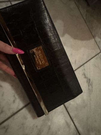 Elegante Clutch Geldbörse Schwarz Kroko-Optik Gold-Akzente