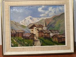 Tableau peinture à l'huile, sur bois paysage de montagne,