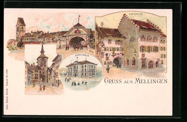 Cartoline postali: Litho Mellingen, Rathaus, Schulhaus, Ort – Usato da Berlin venduto da bartko-reher