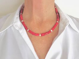 Red Coral & White Pearl Necklace - Gold Plated Silver