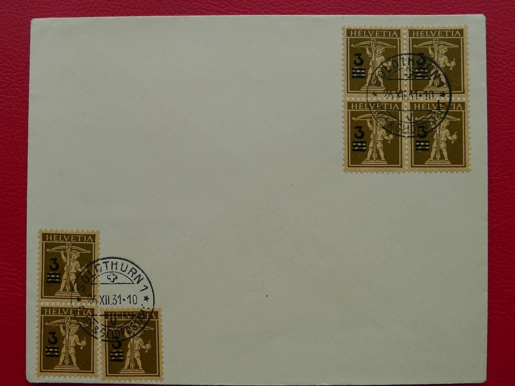 Tutti i francobolli: 1931: Nr.181, Viererblock +3 Einzelmarken von SOLOTHURN. – Usato da Sursee venduto da Luzernerraute