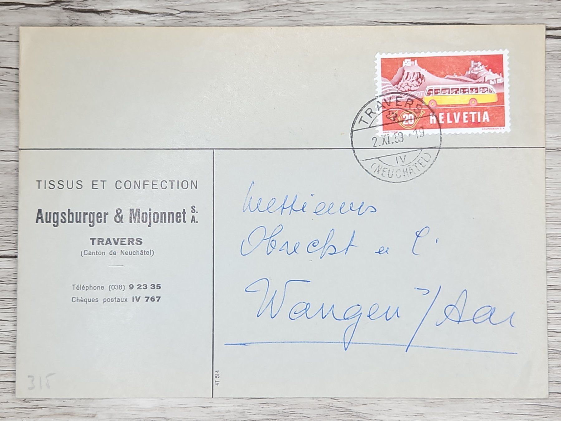 Alle Briefmarken: CL01 Enveloppe + Timbre Suisse 1959 – Gebraucht aus Cousset von Patrick_Collections