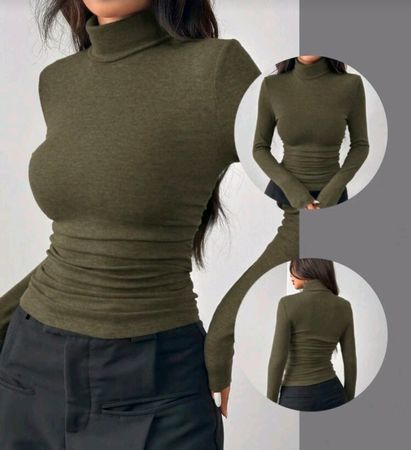 Rollkragen-Shirt - 42/44 - in Khaki mit Raffung 🔟