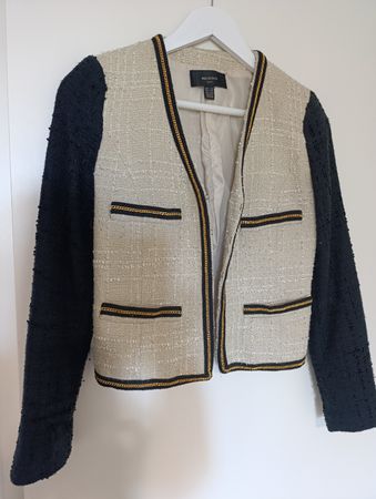 Mango Suit Tweed Jacket Beige Black Chain Trim Size XS