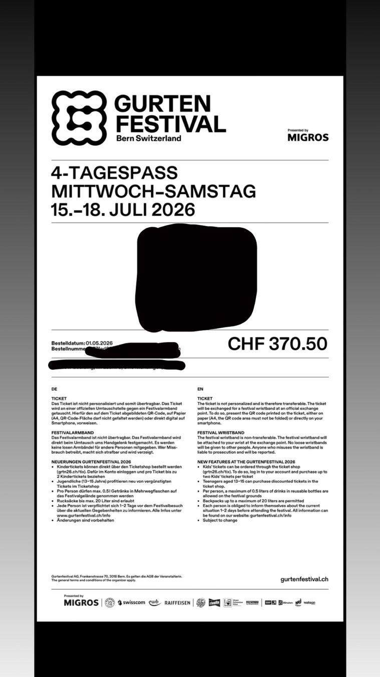 Biglietti: 4 Tagespass Gurtenfestival – Nuovo (secondo la descrizione) da Liebefeld venduto da can_5z6k