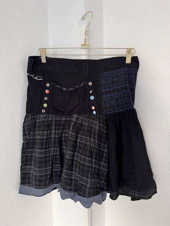 Y2K Desigual skirt black plaid patchwork embroidered design