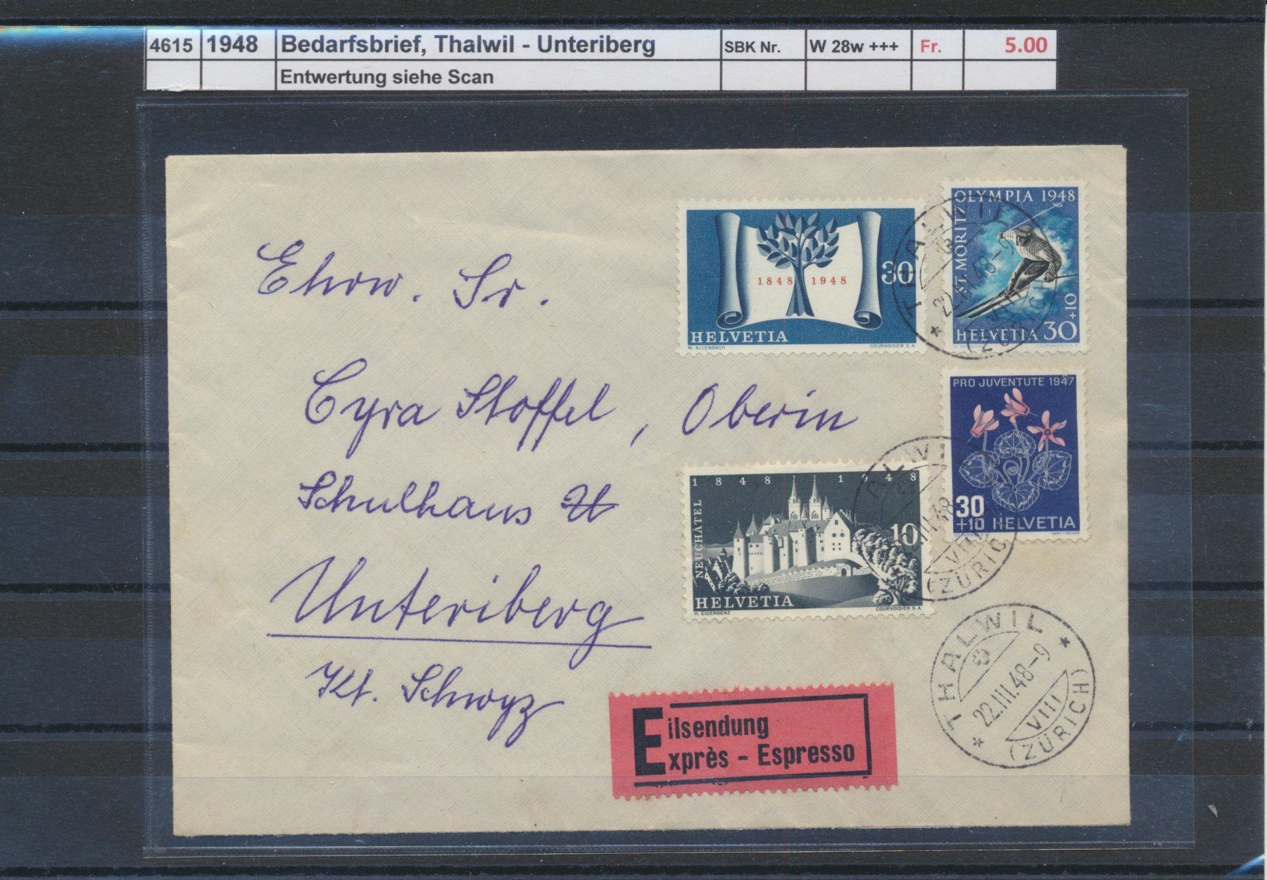 Tutti i francobolli: 1948 Bedarfsbrief, "Thalwil - Unteriberg" – Usato da Winterthur venduto da Zupogeru
