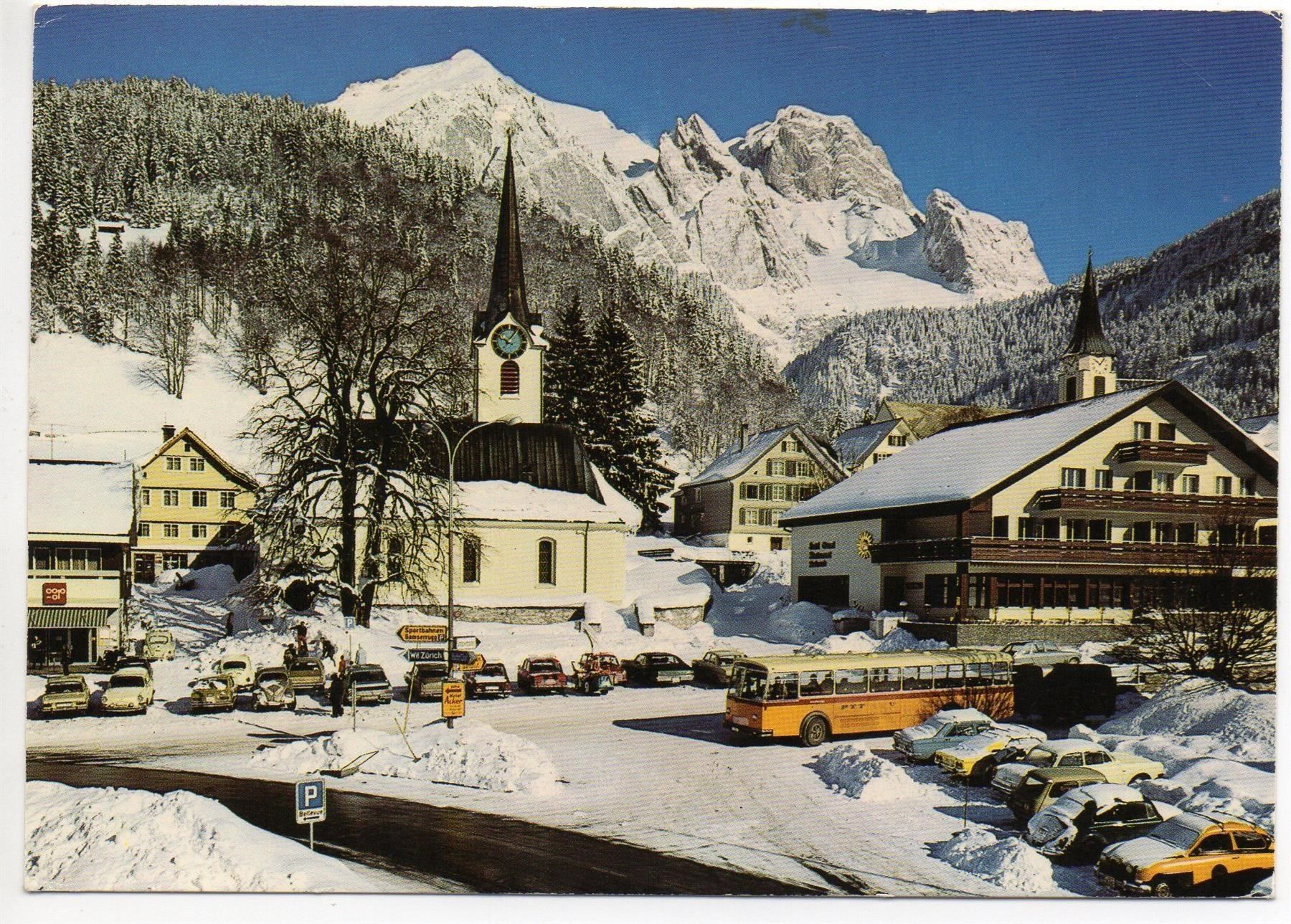 Ansichtskarten: WILDHAUS Postplatz mit Postauto – Gebraucht aus Jona von philajona
