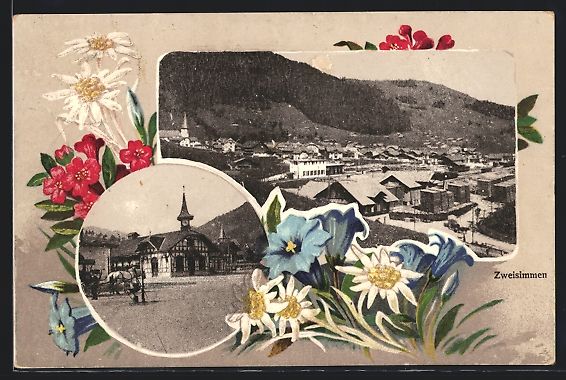 Cartoline postali: AK Zweisimmen, Gesamtansicht, Blumen – Usato da Berlin venduto da bartko-reher