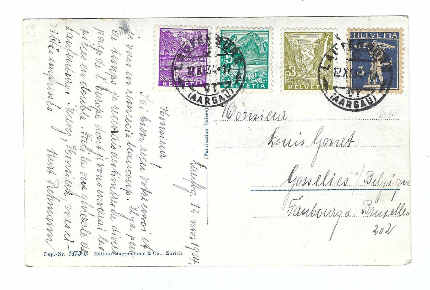 Alle Briefmarken: 4-Farben Frankatur auf Ansichtskarte 1934 1z – Gebraucht aus Aarau von fussball-fussball