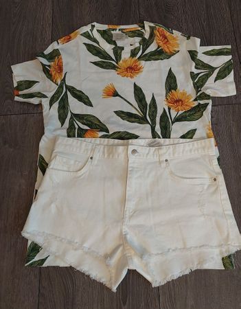 Sommer Outfit: Weisse Shorts & Sonnenblumen Shirt Gr. 42