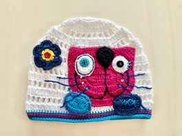 Kappe weiss mit Katze, Handarbeit, 100% Baumwolle