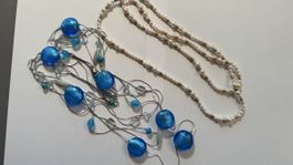 Halsketten Set Perlenkette und blaue Glaskette gebraucht