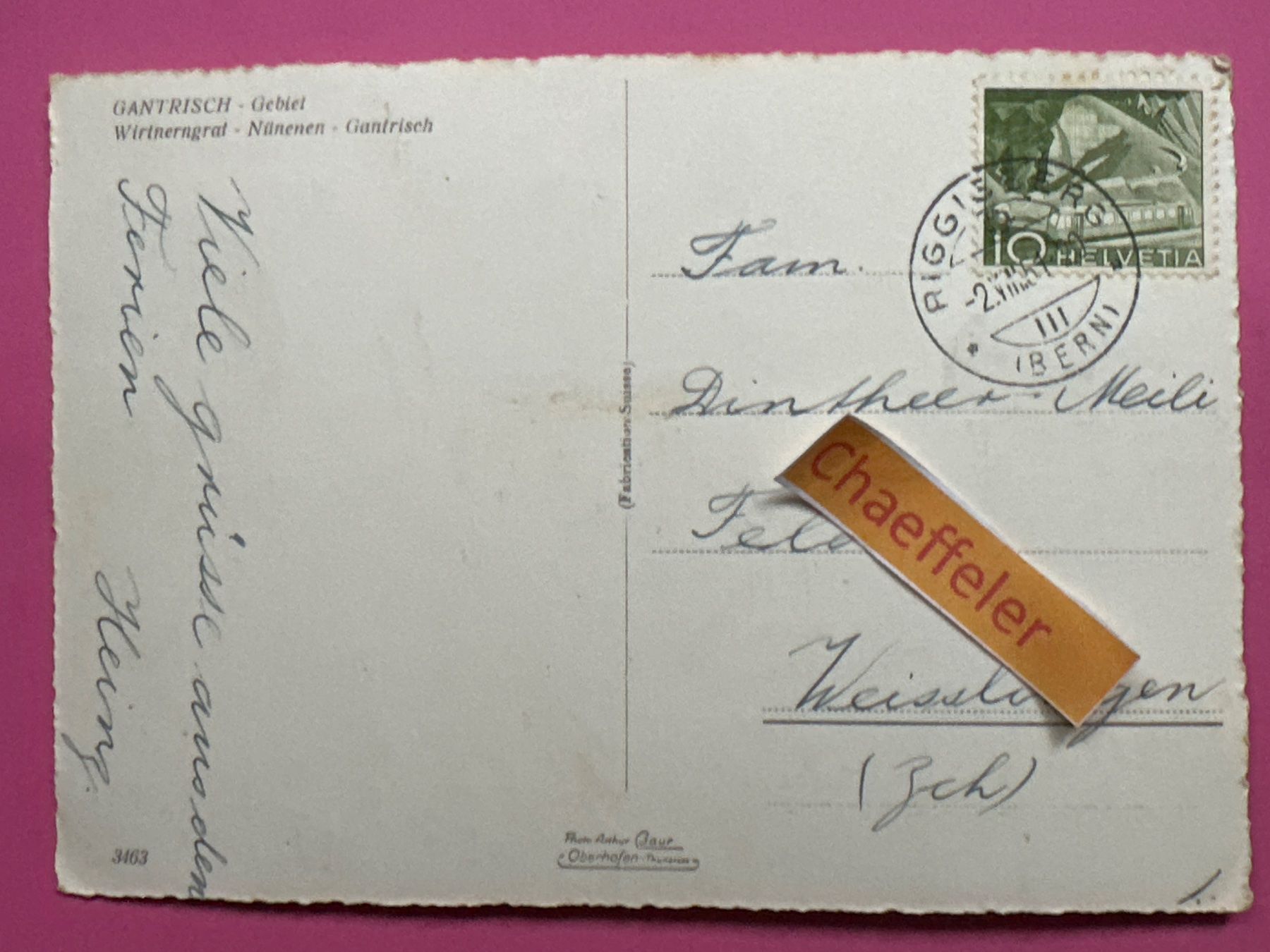 Cartoline postali: 1951 Gantrisch - Gebiet – Usato da Zürich venduto da Chaeffeler 1