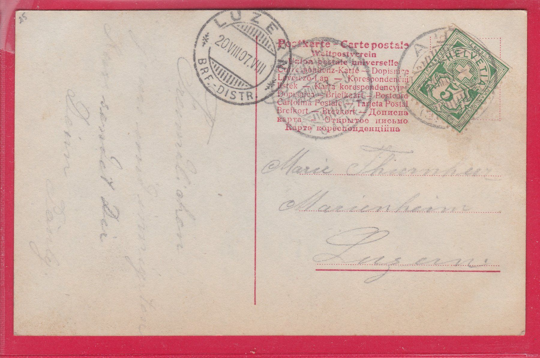 Cartoline postali: JUNGE DAME MIT HERZCHENSTOCK, 19.8.1907 – Usato da Oberrieden venduto da Gebirgsstelze 1