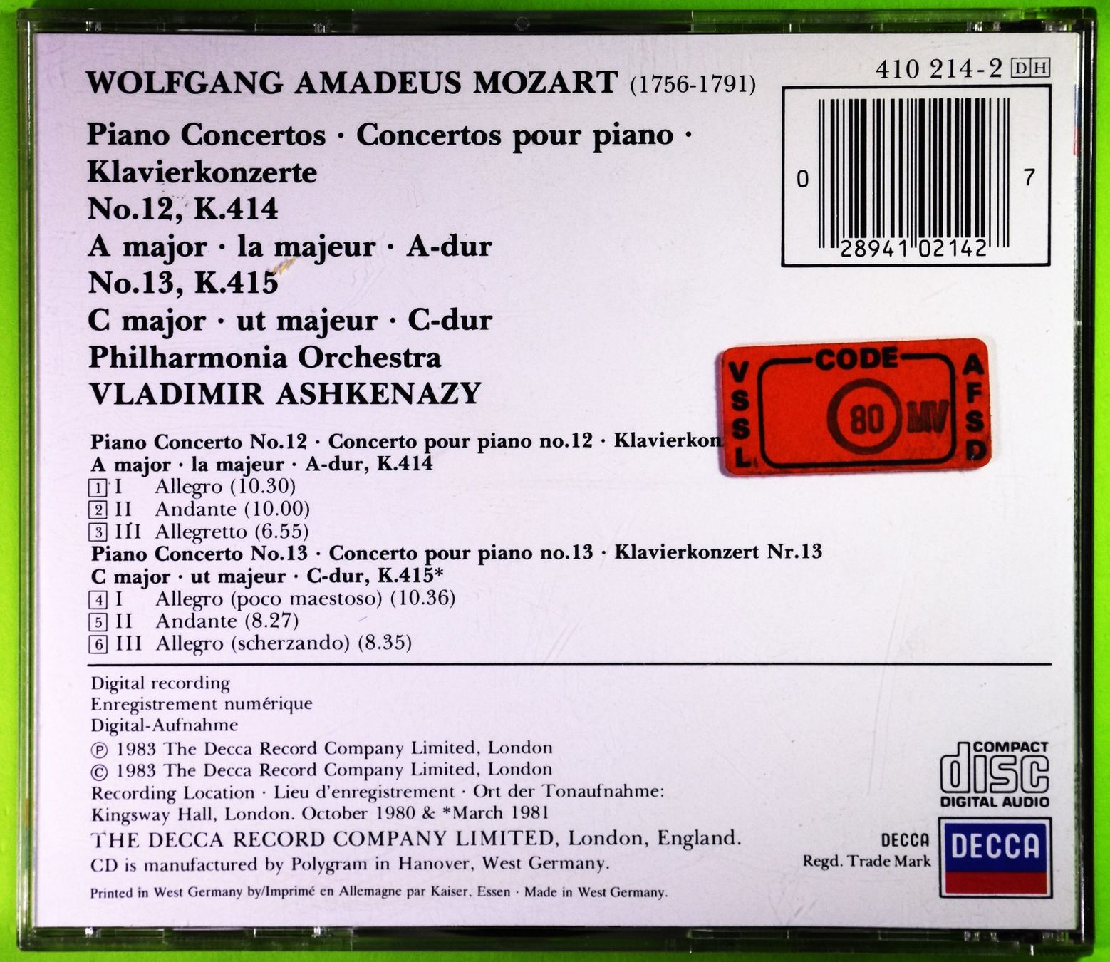 CD: MOZART WOLFGANG AMADEUS - KLAVIERKONZERTE – Nuovo (secondo la descrizione) da Luzern venduto da piro12 1