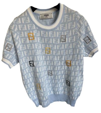 Fendi FF Logo Baby Blue Knit Short Sleeve Sweater,36IT, new!