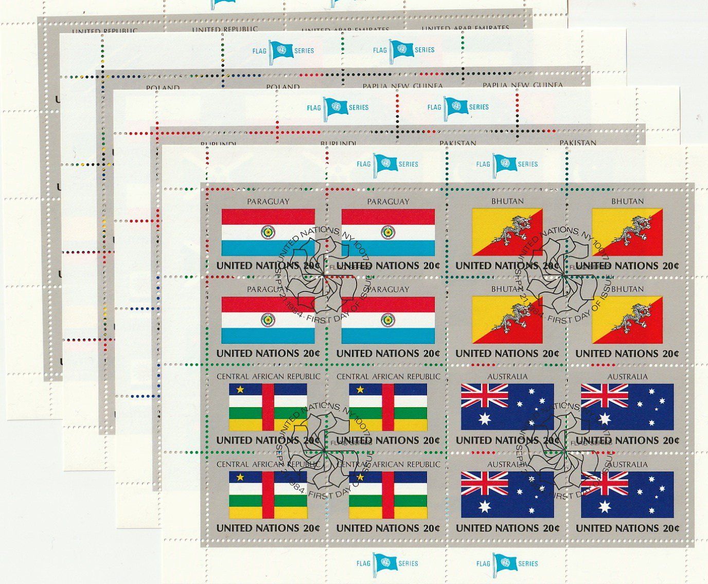 Alle Briefmarken: 4x UNO Flaggen der Nationen 1984, 4 Bogen – Gebraucht aus Aarburg von Aare10