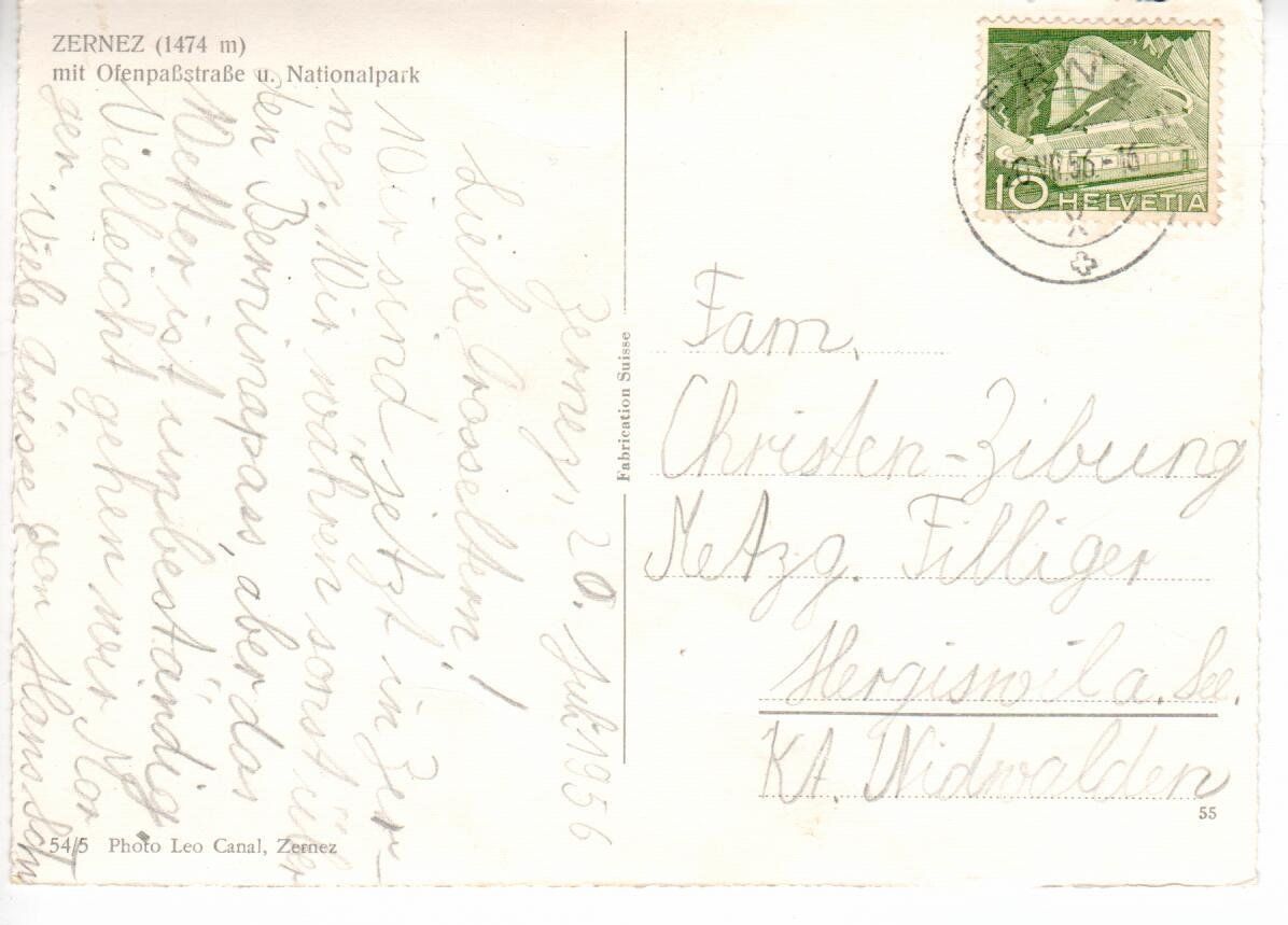 Cartoline postali: Zernez 1956 – Usato da Wolhusen venduto da Curver9 1