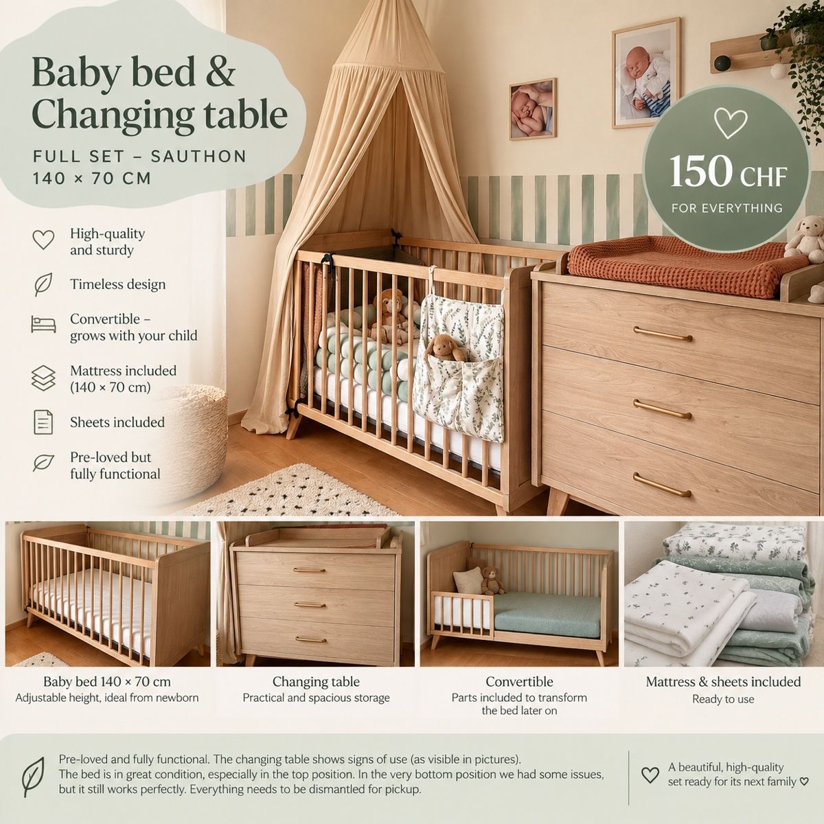 Letti: Baby Bed / Cot + changing table – Usato da Maur venduto da CLTT-Grueter