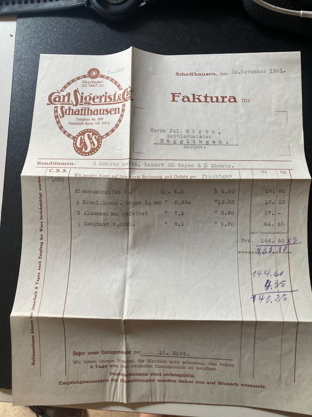Cartoline postali: Carl Sigerist & Co, Schaffhausen – Usato da Filzbach venduto da Sugi7