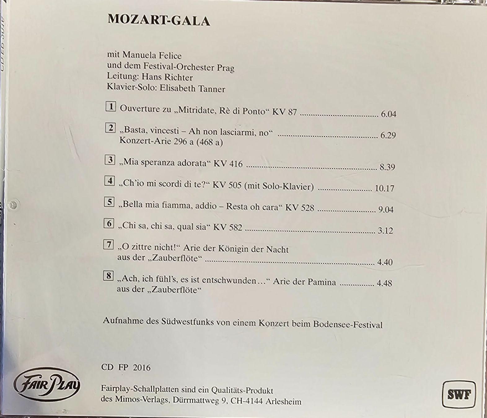 CD: Manuela Felice - Mozart-Gala – Usato da Wahlen b. Laufen venduto da Cg10 1
