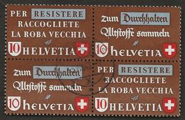 1942 Zusammenhängende Marken Altstoff Schweiz Viererblock
