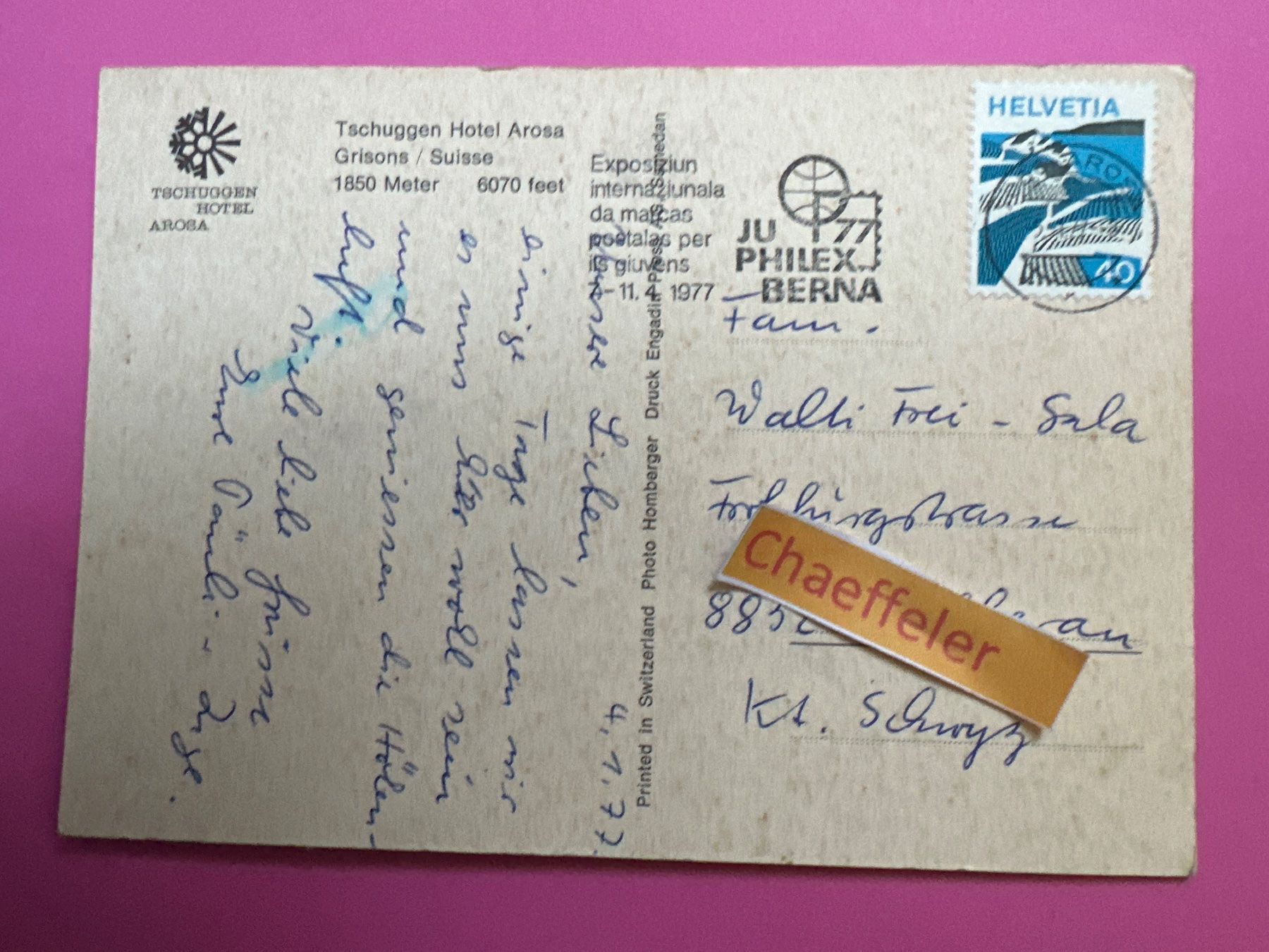 Cartoline postali: 1977  Tschuggen Hotel Arosa – Usato da Zürich venduto da Chaeffeler 1
