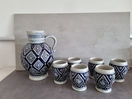 Keramik Krug und 6 Becher, Westernwälder Marzy & Remy 60er