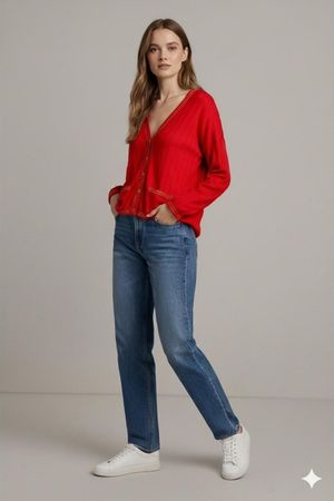 EVXX Rote Strickjacke mit Golddetails - Hergestellt in