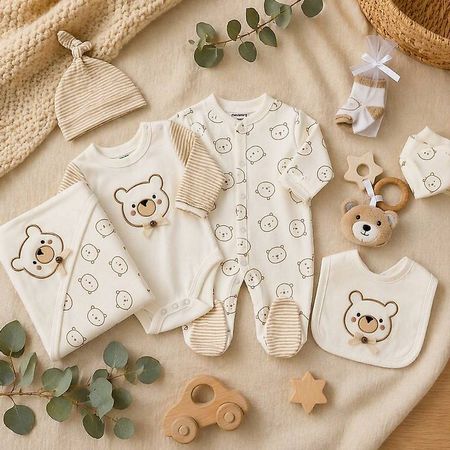 Erstausstattung-Set «Teddybär»  Creme, 8-teilig- Grosse 0-3M