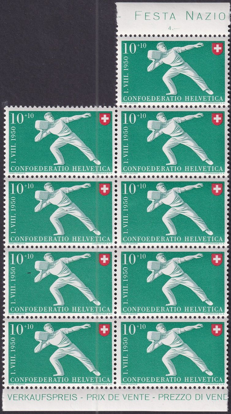 Tutti i francobolli: 1950: B47 (Steinstossen) NEUNER-Block postfrisch **. – Usato da Sursee venduto da Luzernerraute
