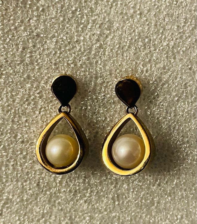 Ohrringe, Stecker,  goldfarbig, ca. 80er Jahre, echte Perle 2