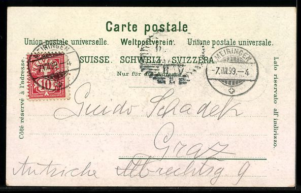 Cartoline postali: Litho Meyringen, Ortsansicht, Aareschluc – Usato da Berlin venduto da bartko-reher 1