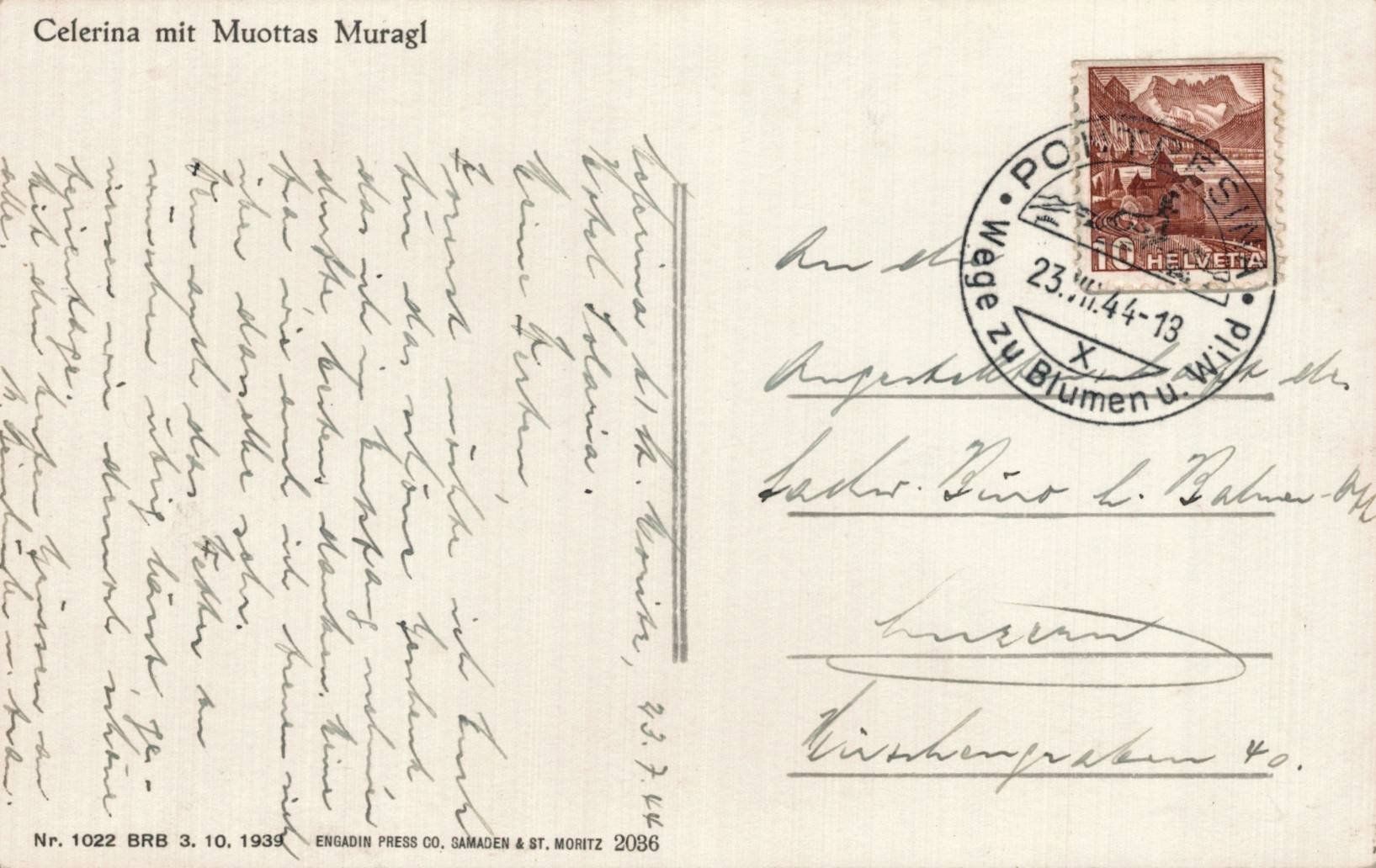 Ansichtskarten: Alte Ansichtskarte Celerina, Engadin, 1944 Sonderstempel – Gebraucht aus Luzern von Kartenansicht 1