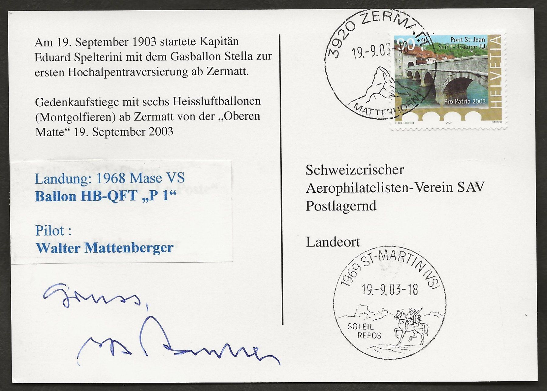 Alle Briefmarken: Schweiz Ballon 2003 Zermatt Zinal Luftpost – Gebraucht aus Au ZH von xelagreb01