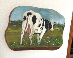 Original Gemälde auf Holz Friburger Kuh, Signiert VL 98