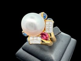 Perle Ø 13.2mm Diamanten Saphire Rubine Ring 18k Gr53 *S1877