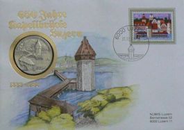 Numisbrief 650 Jahre Kapellbrücke Luzern Silbermünze 900.0