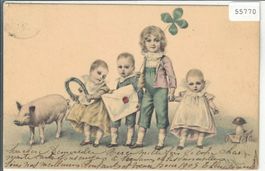Kinder mit Schwein und Kleeblatt 1905 - Litho