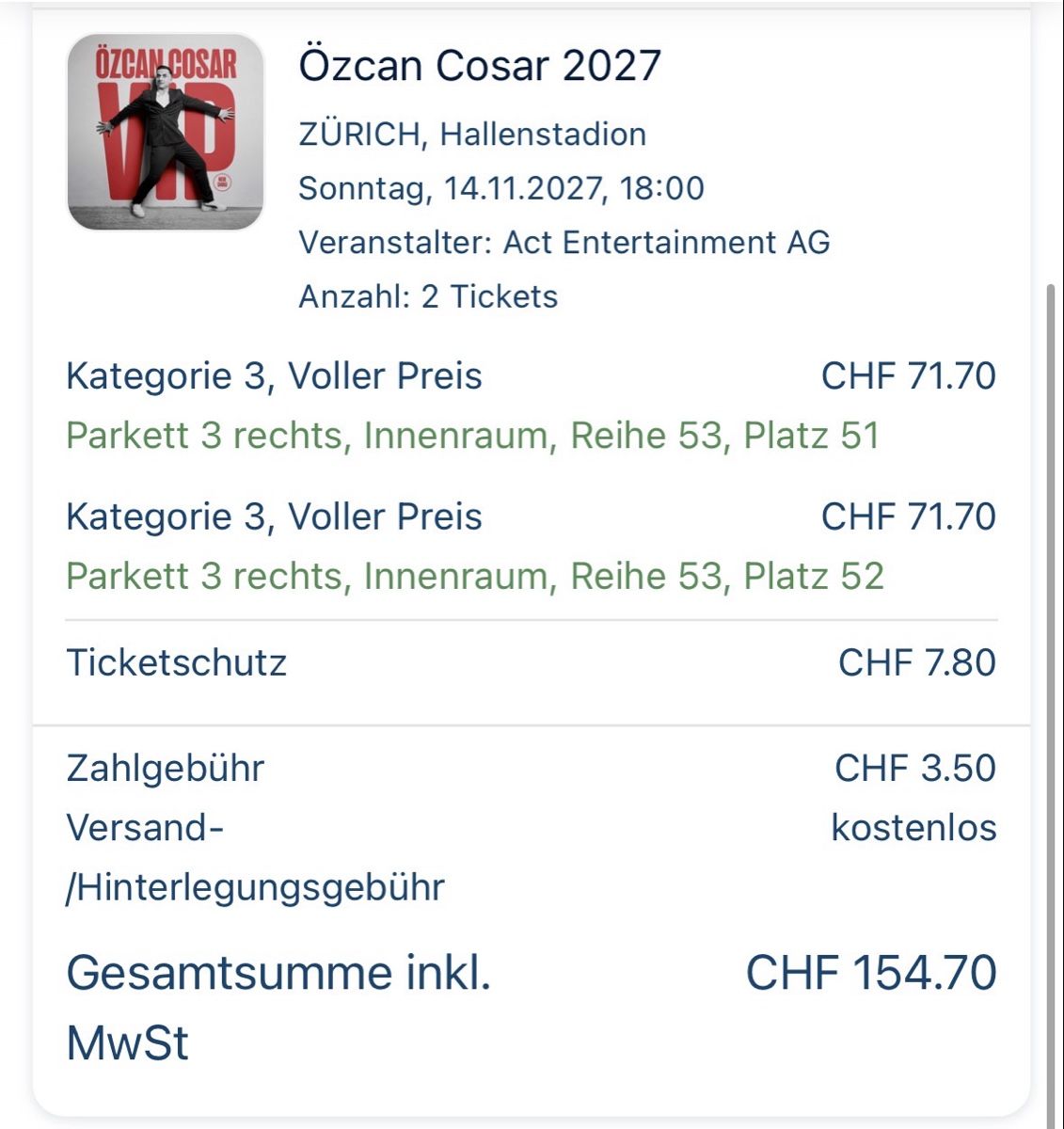 Billets: Özcan Cosar 14.11.27 - 2 Tickets im Wert von 154.70 – Neuf avec emballage d'origine à Rickenbach Sulz par Selina9 1